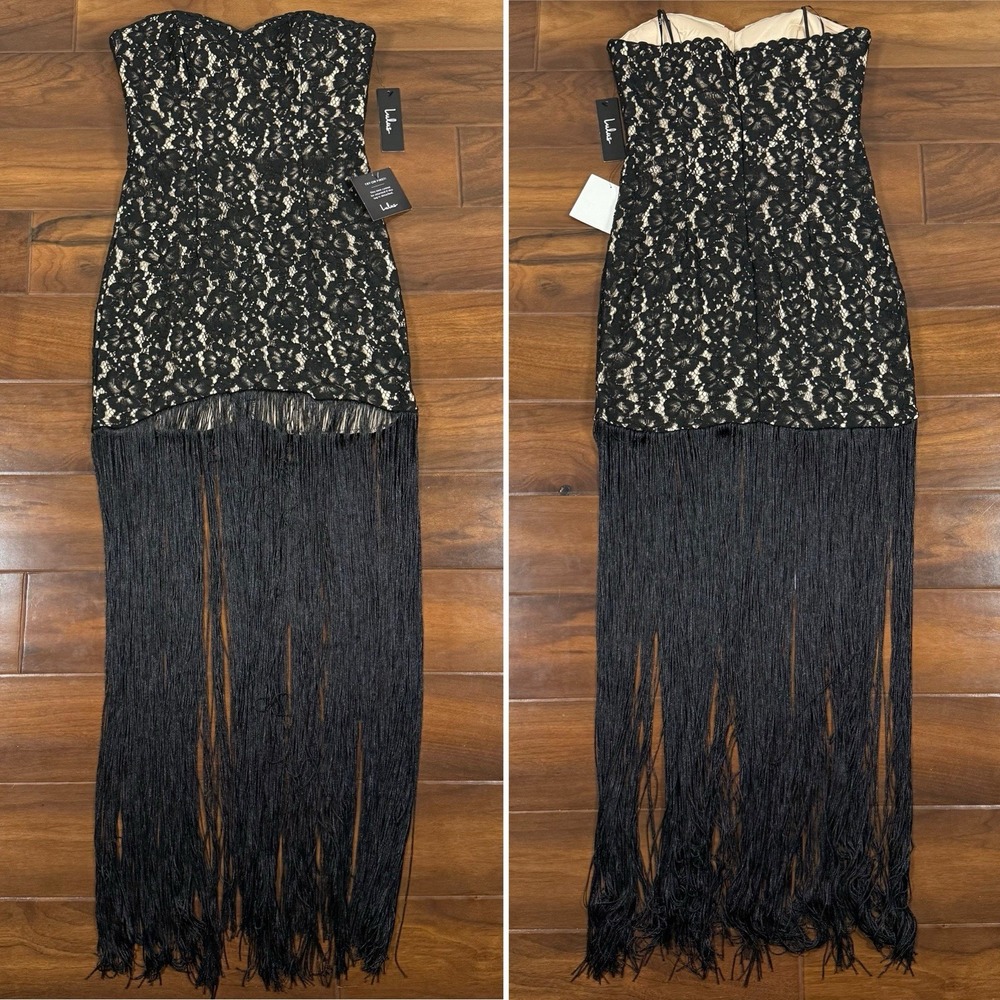 Lulus Size Small Black Lace Ain't Misbehavin Fringe Strapless Bodycon Dress - Picture 2 of 11